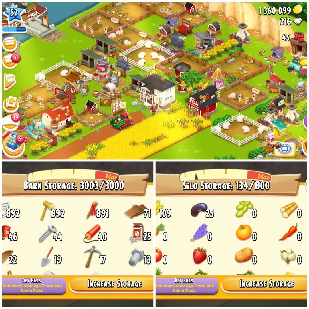 LEVEL 52 🪙 3000 BARN 🪙 800 SILO 🪙 FULLY FILLED LAND TOOLS 🪙 1.3M COINS 🪙 216 DIAMONDS 🪙 FULLY STACKED 🪙 FULL ACCESS 🪙 INSTANT DELIVERY