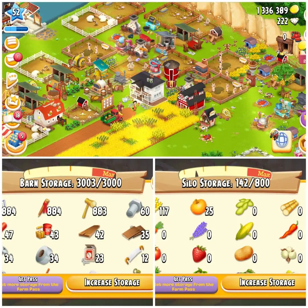 LEVEL 52 🪬 3000 BARN 🪬 800 SILO 🪬 FULLY FILLED LAND TOOLS 🪬 1.3M COINS 🪬 222 DIAMONDS 🪬 FULLY STACKED 🪬 FULL ACCESS 🪬 INSTANT DELIVERY