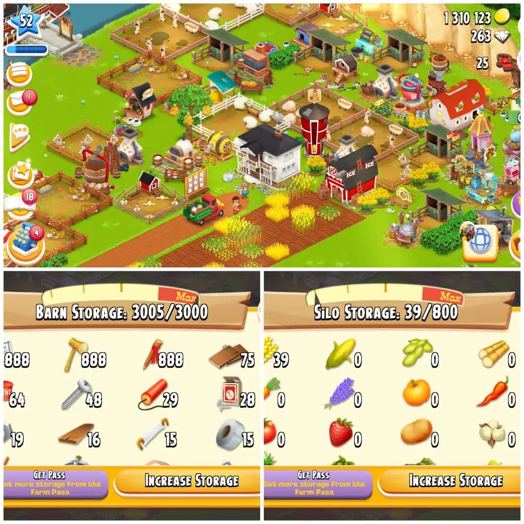 LEVEL 52 🦂 3000 BARN 🦂 800 SILO 🦂 FULLY FILLED LAND TOOLS 🦂 1.3M COINS 🦂 263 DIAMONDS 🦂 FULLY STACKED 🦂 FULL ACCESS 🦂 INSTANT DELIVERY