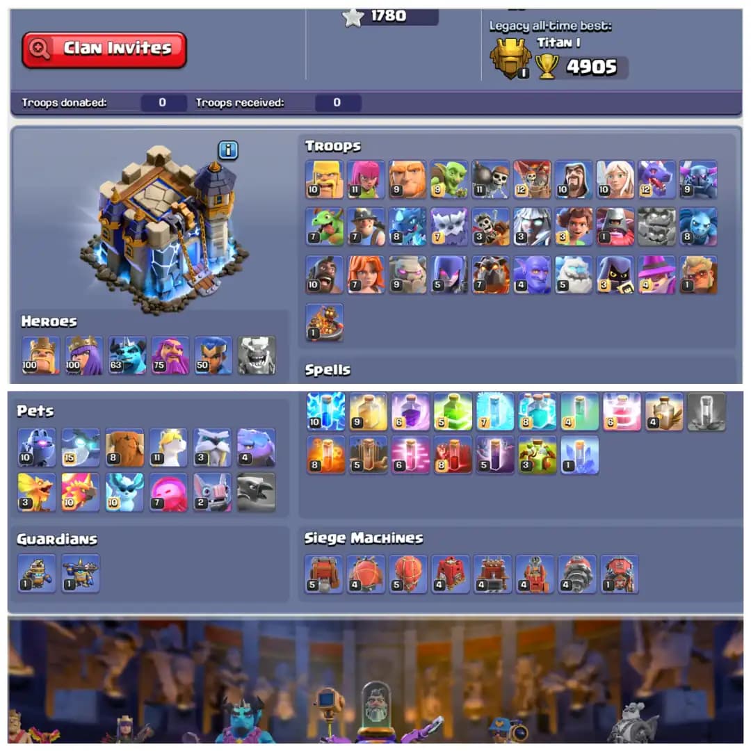 TH18 Near Max 🐉 XP 234 🐉 12 Epic Equipments 🐉 2 Max Epics 🐉 Heroes BK100 AQ100 MP63 GW75 RC50 🐉 6 Hero Skins 🐉 INSTANT DELIVERY