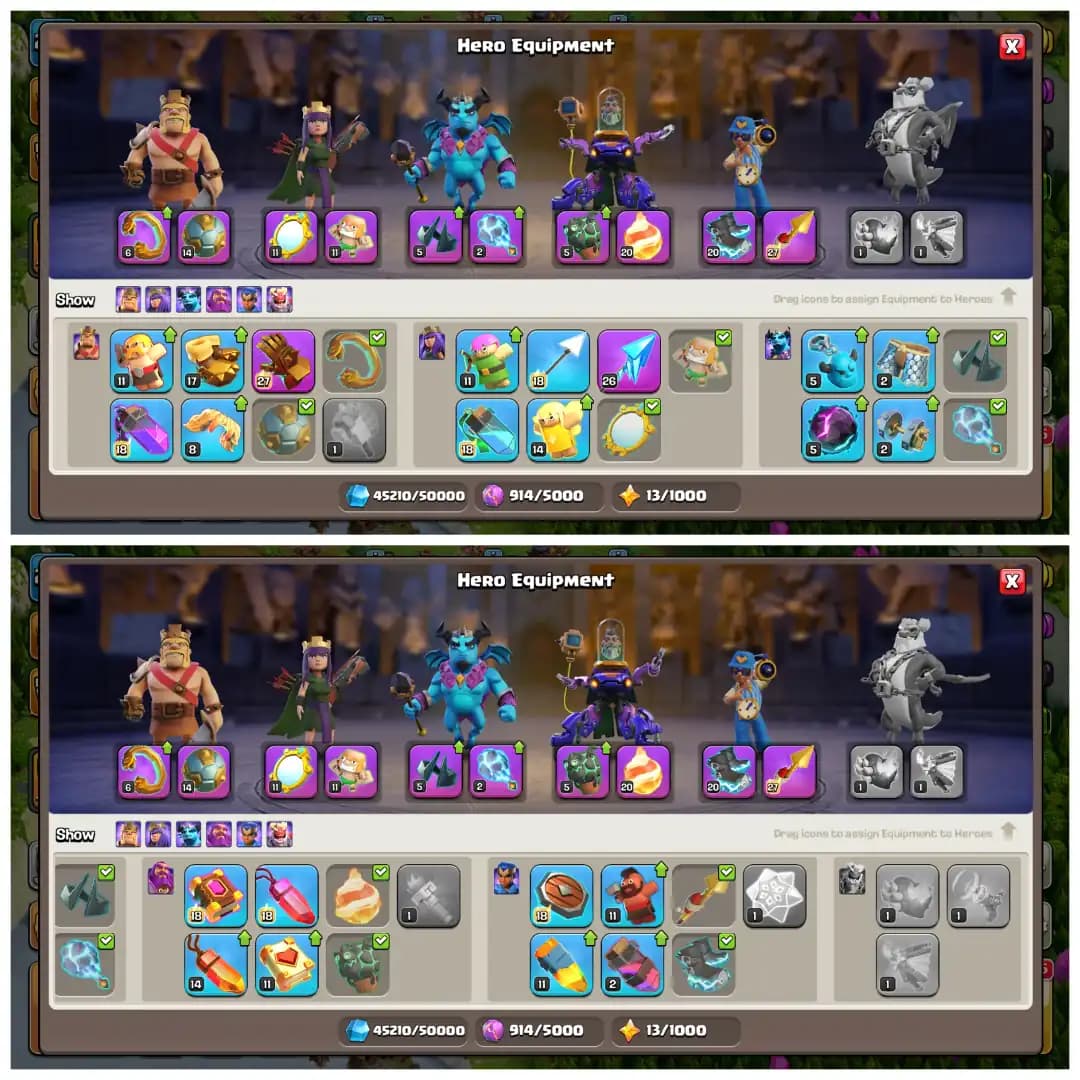 TH18 Near Max 🐉 XP 234 🐉 12 Epic Equipments 🐉 2 Max Epics 🐉 Heroes BK100 AQ100 MP63 GW75 RC50 🐉 6 Hero Skins 🐉 INSTANT DELIVERY