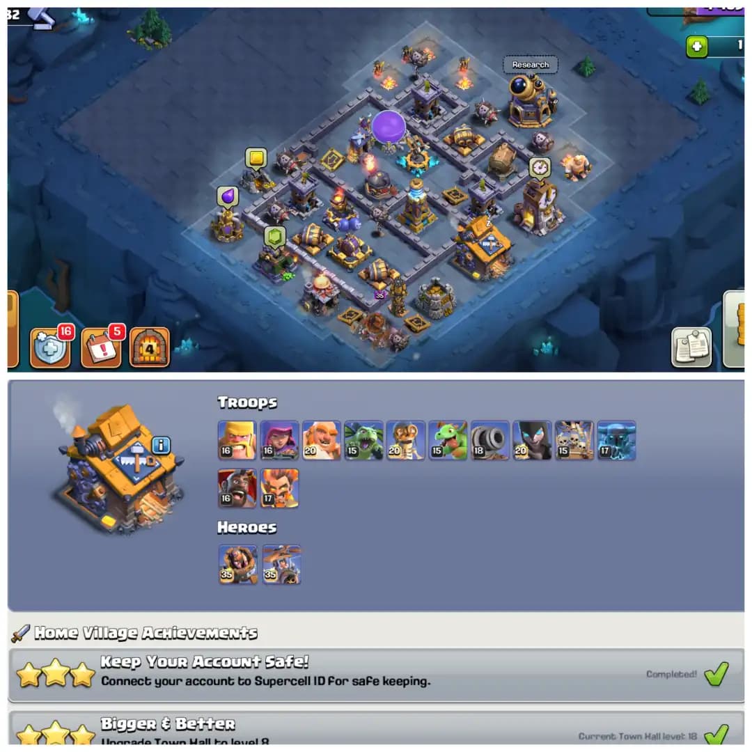 TH18 Near Max 🐉 XP 234 🐉 12 Epic Equipments 🐉 2 Max Epics 🐉 Heroes BK100 AQ100 MP63 GW75 RC50 🐉 6 Hero Skins 🐉 INSTANT DELIVERY