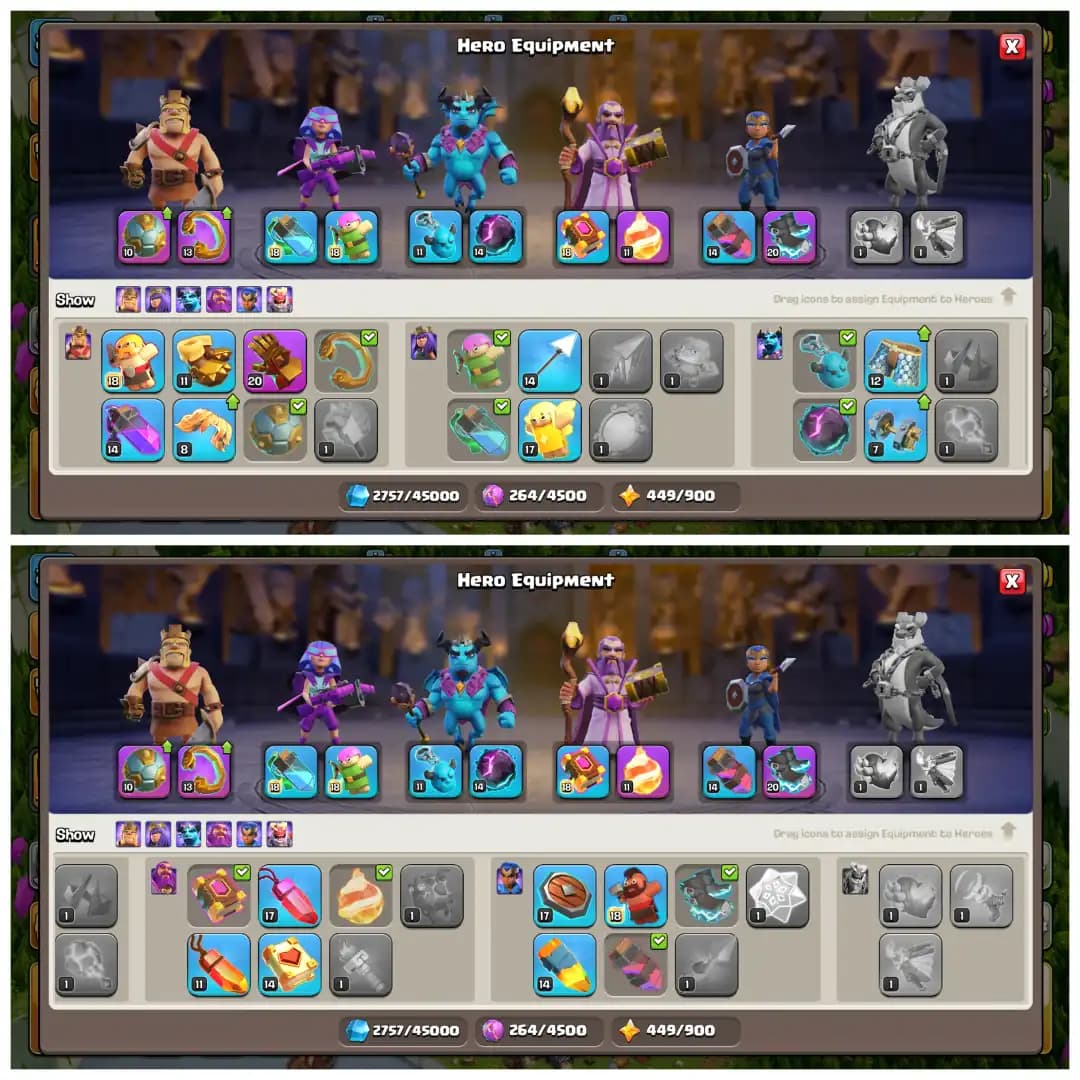 TH15 98% Maxed 🧿 XP 227 Rare 🧿 Old Stacked Clash Trees 🧿 5 Epic Equipments 🧿 449 Starry Ores 🧿 Full Max Builder Hall 🧿