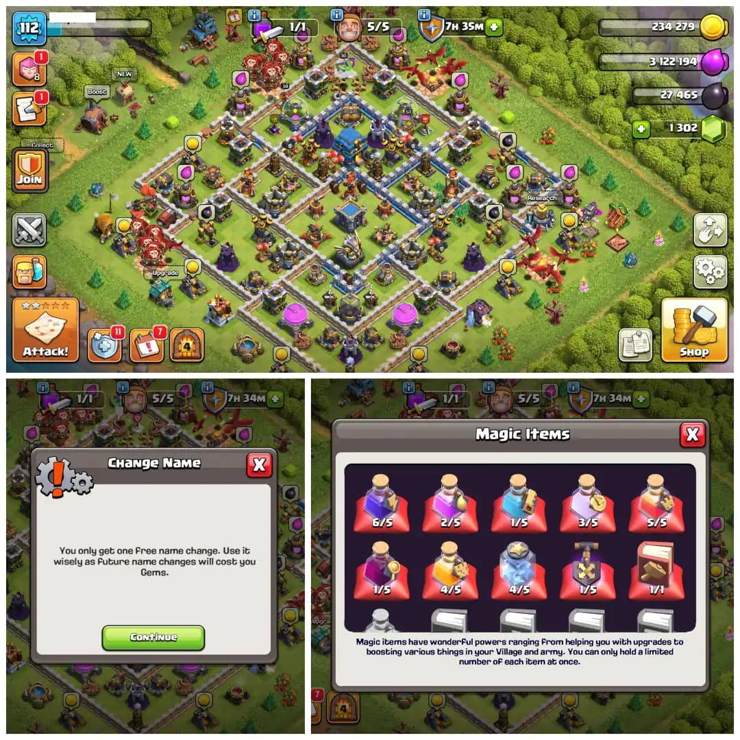 TH12 Near Max 🛡️ XP 112 🛡️ 4 Epic Equipments 🛡️ Heroes BK53 AQ50 MP40 GW30 🛡️ Free Name Change 🛡️ Stacked Magic Items 🛡️