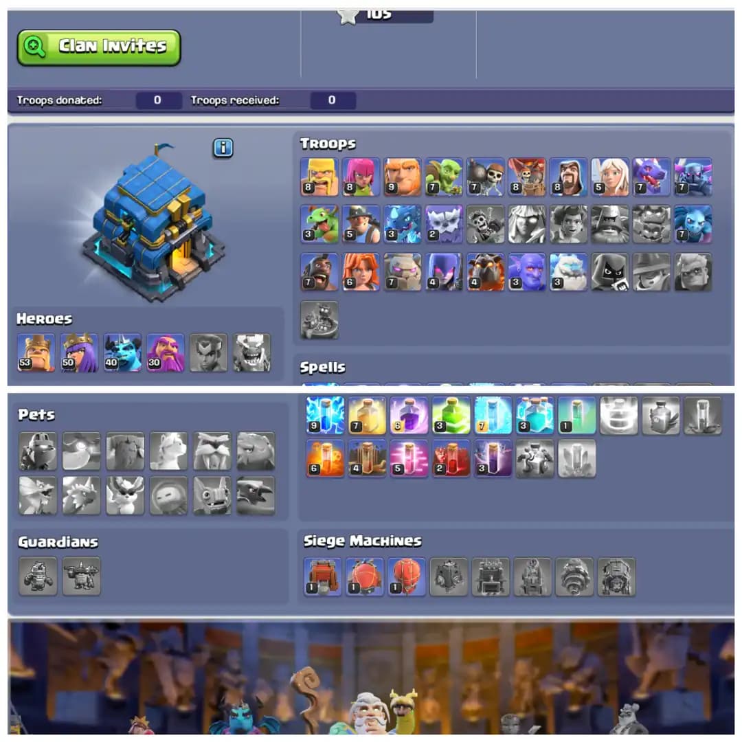 TH12 Near Max 🛡️ XP 112 🛡️ 4 Epic Equipments 🛡️ Heroes BK53 AQ50 MP40 GW30 🛡️ Free Name Change 🛡️ Stacked Magic Items 🛡️