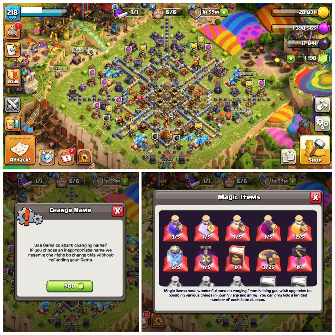 TH16 Near Max 🔥 XP 218 🔥 9 Epic Equipments 🔥 Heroes BK76 AQ90 MP58 GW57 RC34 🔥 Painter Scenery 🔥 10 Hero Skins 🔥