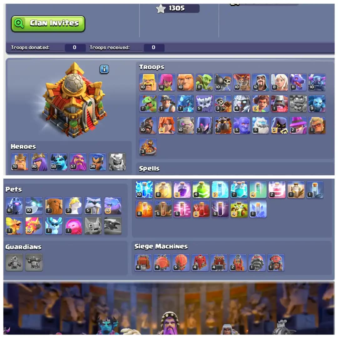 TH16 Near Max 🔥 XP 218 🔥 9 Epic Equipments 🔥 Heroes BK76 AQ90 MP58 GW57 RC34 🔥 Painter Scenery 🔥 10 Hero Skins 🔥