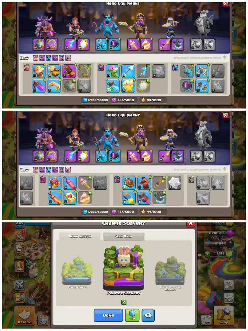 TH16 Near Max 🔥 XP 218 🔥 9 Epic Equipments 🔥 Heroes BK76 AQ90 MP58 GW57 RC34 🔥 Painter Scenery 🔥 10 Hero Skins 🔥