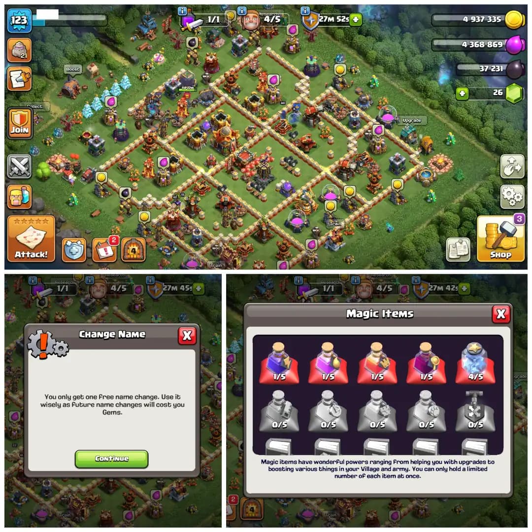 TH16 Semi Max 🔱 Walls Fully Maxed 🔱 5 Epic Equipments 🔱 Heroes BK57 AQ62 MP27 GW57 RC40 🔱 Free Name Change 🔱