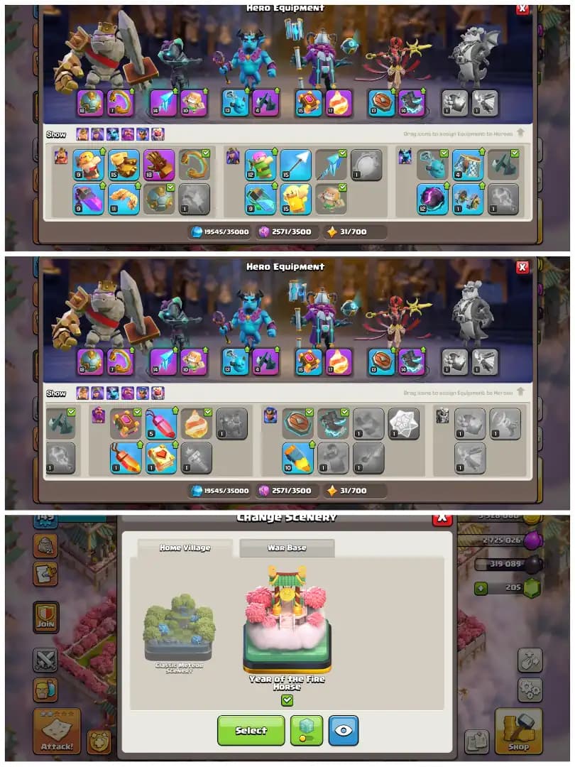 TH16 Premium Clash Base 🪷 Year of Fire Horse Scenery 🪷 Heroes BK80 AQ61 MP32 GW30 RC10 🪷 8 Epic Equipments 🪷 7 Skins 🪷