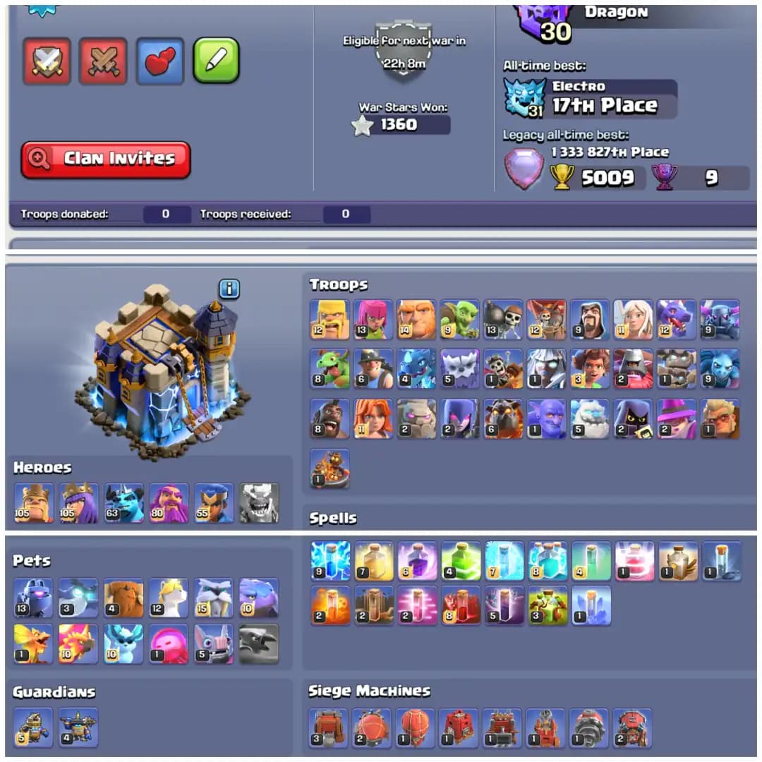 TH18 Rare Max Beauty 🌻 30500 Gems 🌻 9 Epic Equipments 🌻 5 Epics Max 🌻 Rare High Seas Scenery 🌻 Fully Stacked Items 🌻 1400 Plus CWL Medals 🌻