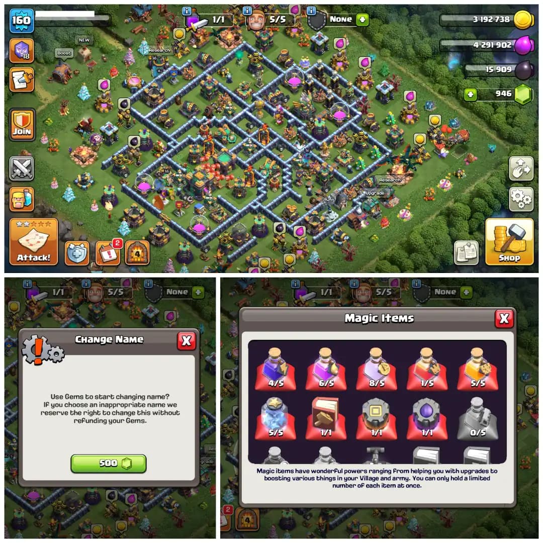 TH17 Almost Max 🌼 Except Walls 🌼 10 Epic Equipments 🌼 Heroes BK75 AQ80 MP51 GW55 RC30 🌼 Name Changeable 🌼 8 Hero Skins 🌼