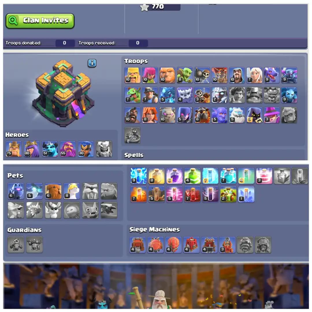 TH17 Almost Max 🌼 Except Walls 🌼 10 Epic Equipments 🌼 Heroes BK75 AQ80 MP51 GW55 RC30 🌼 Name Changeable 🌼 8 Hero Skins 🌼