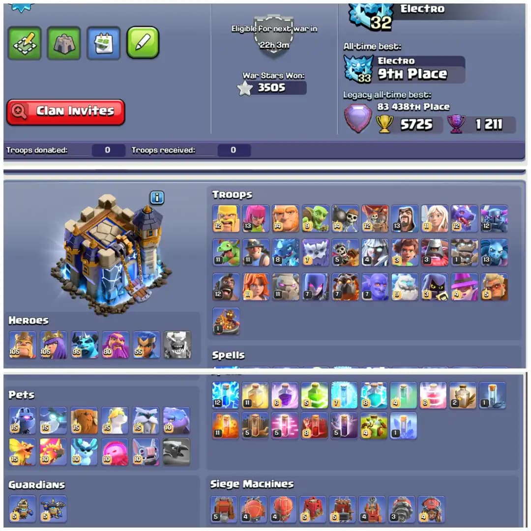 TH18 Rare Max Beast 🍀 28800 Gems 🍀 XP 279 🍀 Full Stacked Clash Trees 🍀 10 Epic Equipments 🍀 25 Total Max 🍀 2000 Plus CWL Medals 🍀