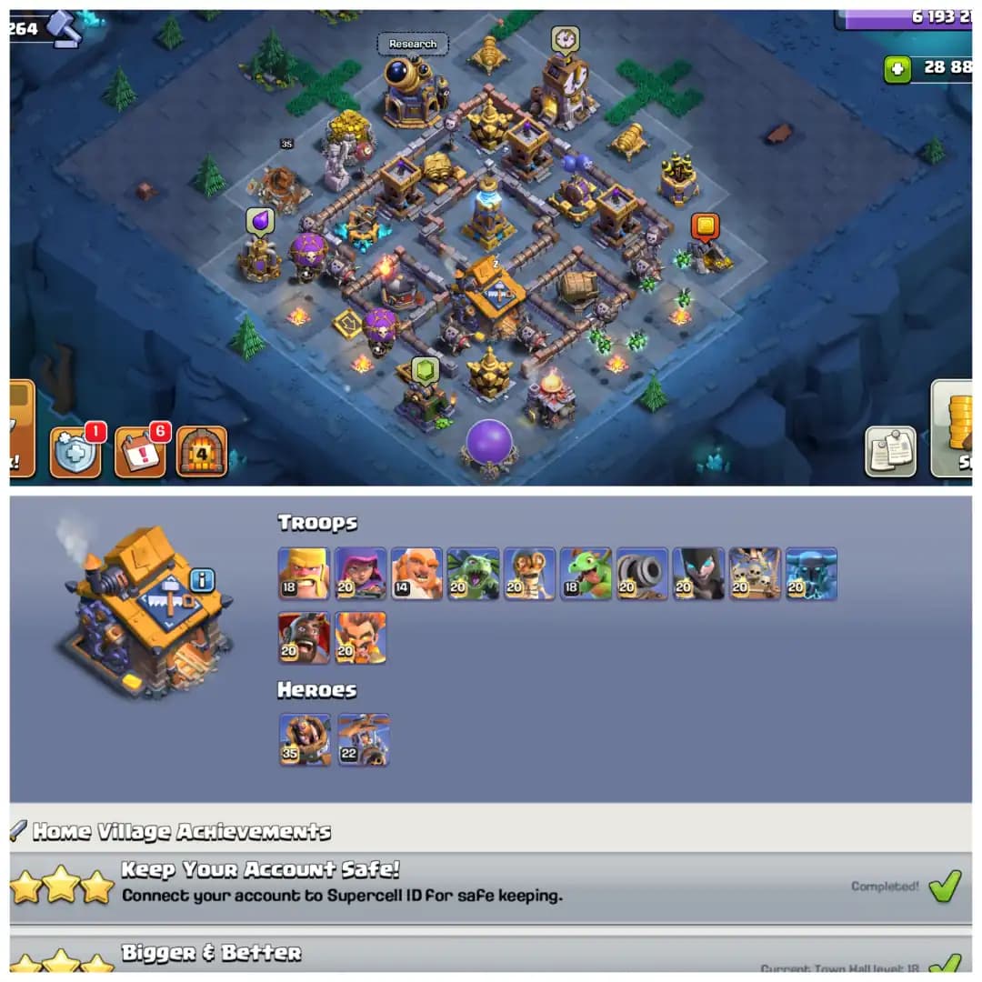 TH18 Rare Max Beast 🍀 28800 Gems 🍀 XP 279 🍀 Full Stacked Clash Trees 🍀 10 Epic Equipments 🍀 25 Total Max 🍀 2000 Plus CWL Medals 🍀