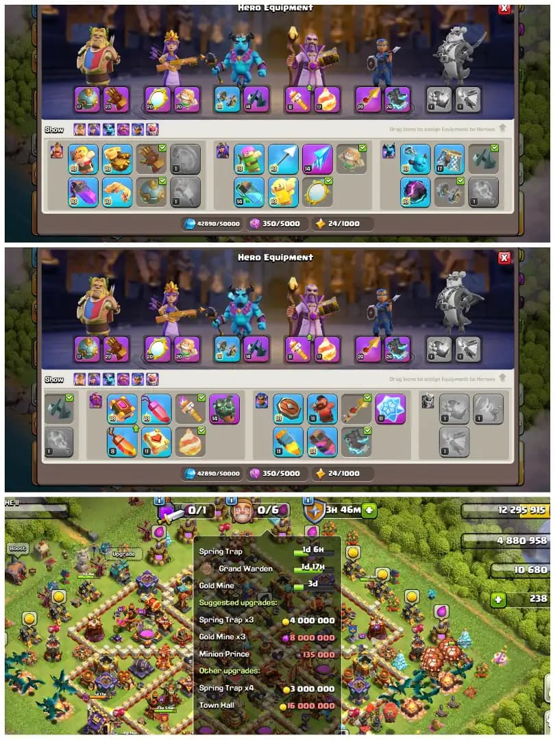 🏆 TH16 99% MAXED 🏆 XP 199 🏆 12 EPIC EQUIPMENTS 🏆 BK 86 AQ 95 MP 57 GW 61 RC 45 🏆 MAX WALLS AND DEFENSES 🏆